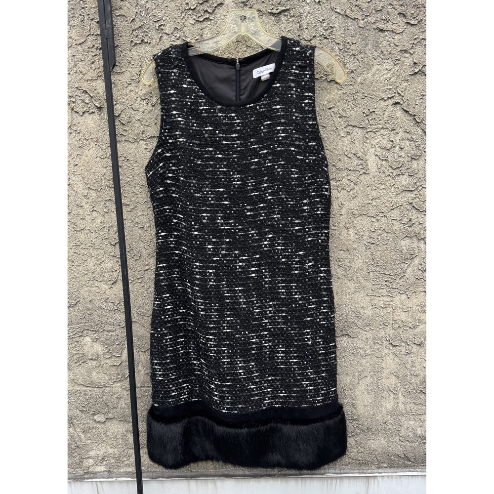 Calvin Klein Black and White Tweed Shift Dress with Fur‎ Trim Size 10